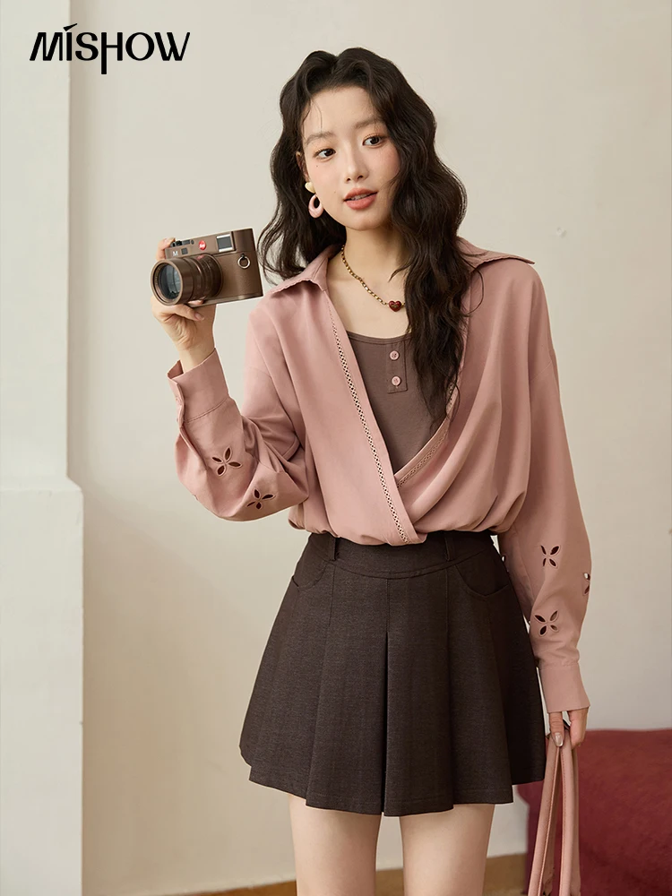 

MISHOW, элегантная женская блузка, осень 2022, свободный крой, искусственные топы из двух предметов контрастного цвета с v-образным вырезом, женская одежда MXE45C2403