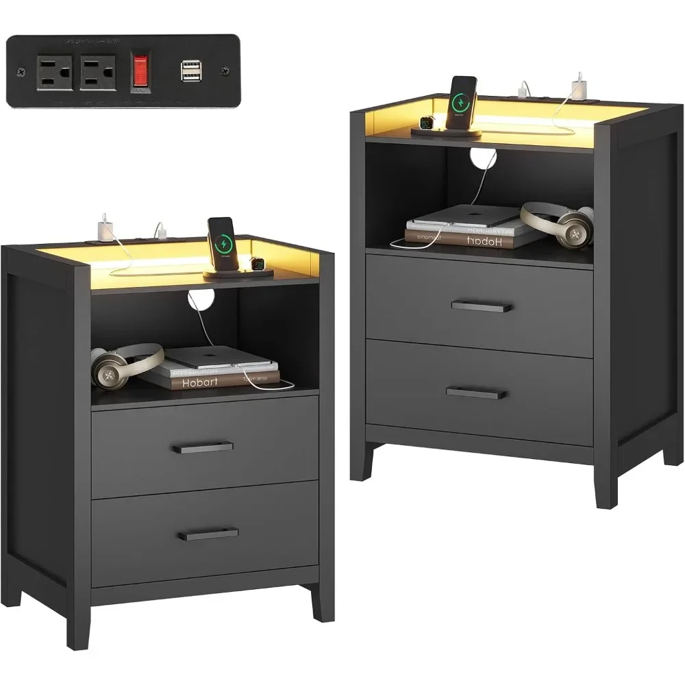 

LED Nightstands, Black Night Stand with Charging Station and 2 Drawers, Wood End Side Table with USB Ports