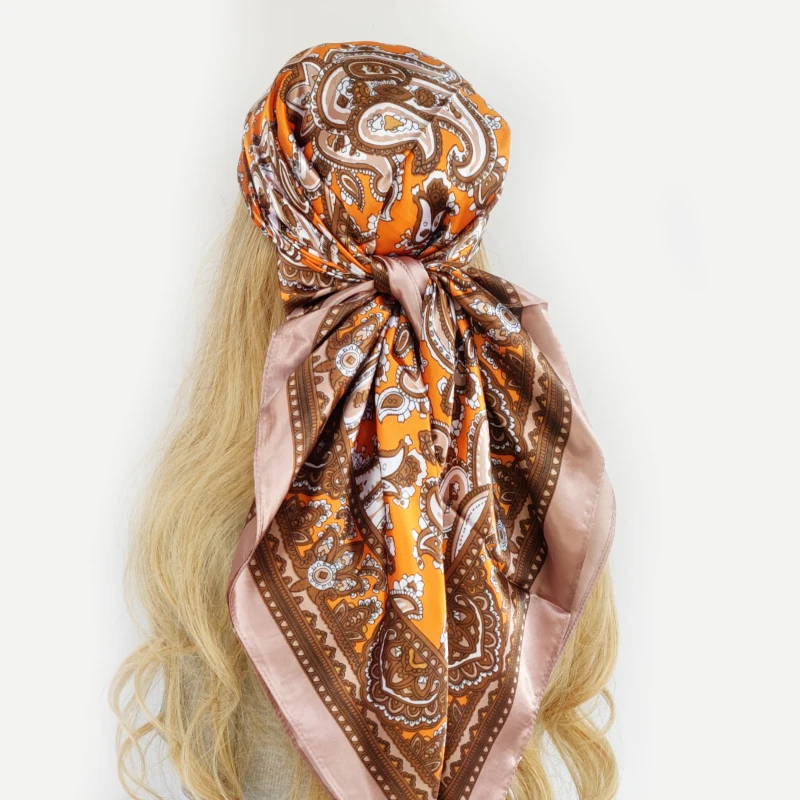 Grand Foulard Hijab en Satin Imprimé pour Femme, Châle Carré de Marque de Luxe, 90x90cm