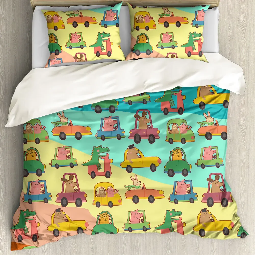 Cartoon Car Cover Toy Truck Bus Duvet Cover Excavator Children Boys Girls Gifts Traffic Light Small Animals Drive Bedroom Decor