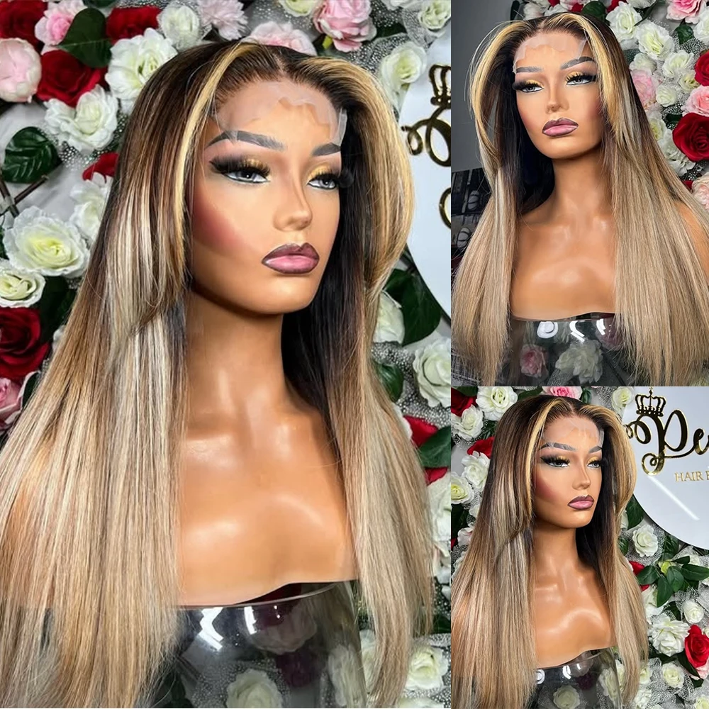 Synthetic Highlight Wig 13x4 Straight Lace Front Wigs Ombre Honey Blonde Colored Wig Pre Plucked Layered Hair With Baby Hair