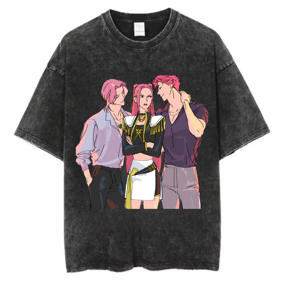 

Випраные винтажные футболки с двусторонним принтом KPop Demon Hunters Saja для мальчиков, мужские и женские корейские модные трендовые футболки, уличная одежда