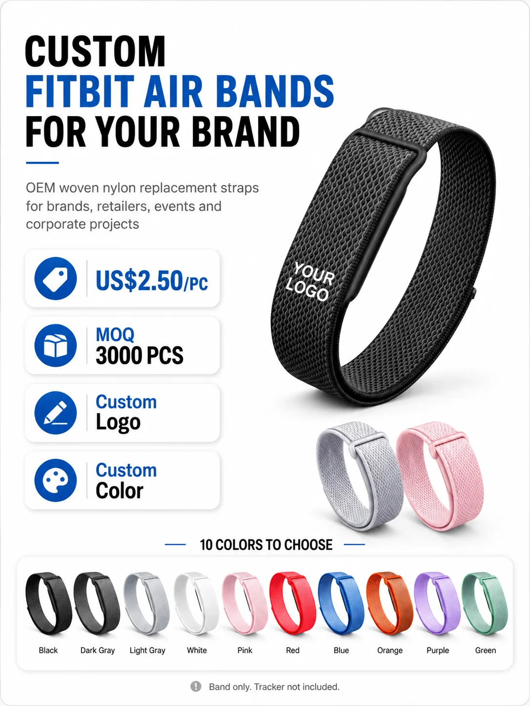 Individuelles Logo Nylon-Klettverschlussband Kompatibel mit Google Fitbit Air, OEM Gewebtes Ersatz-Armband, 3000 Stück Mindestbestellmenge – Detail 1