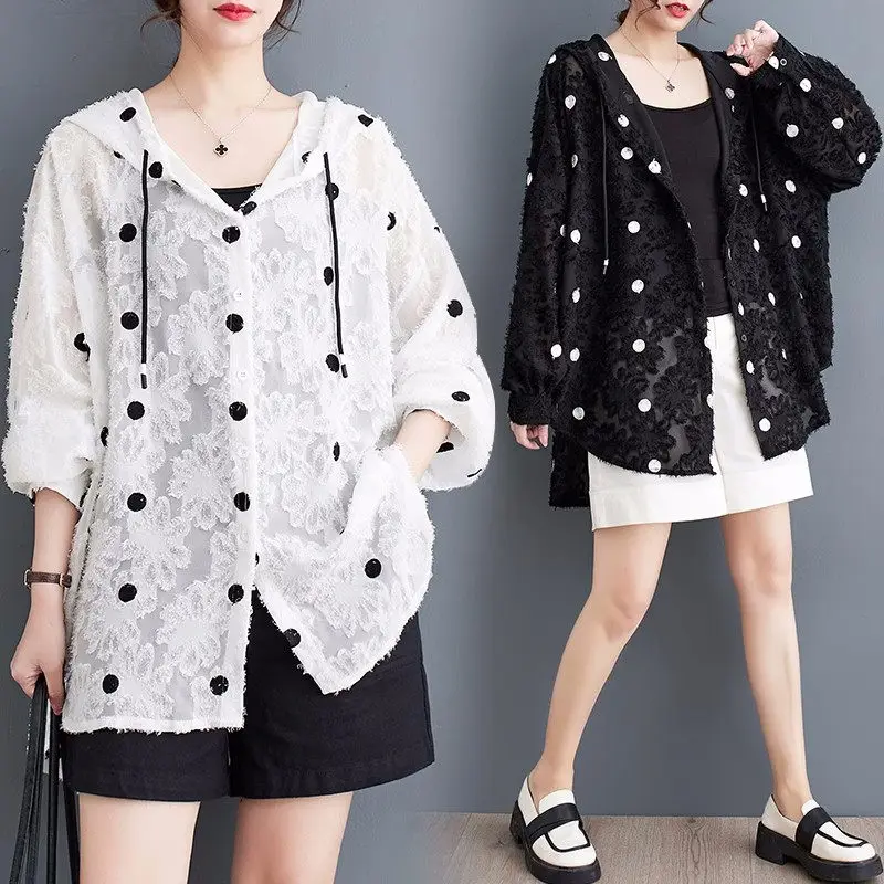 

2023 Summer Shawl Coat Women Fashion Casual Versatile Hooded Polka Dot Sunscreen Clothing Air Conditioned Shirt Jacket Tops Z831