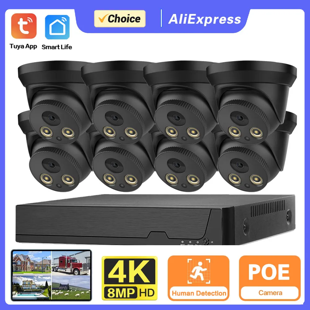 

Tuya CCTV Camera Video Surveillance System 4K 8CH POE NVR kit Outdoor Waterproof 8MP 4CH IP Bullet Camera Security System Set