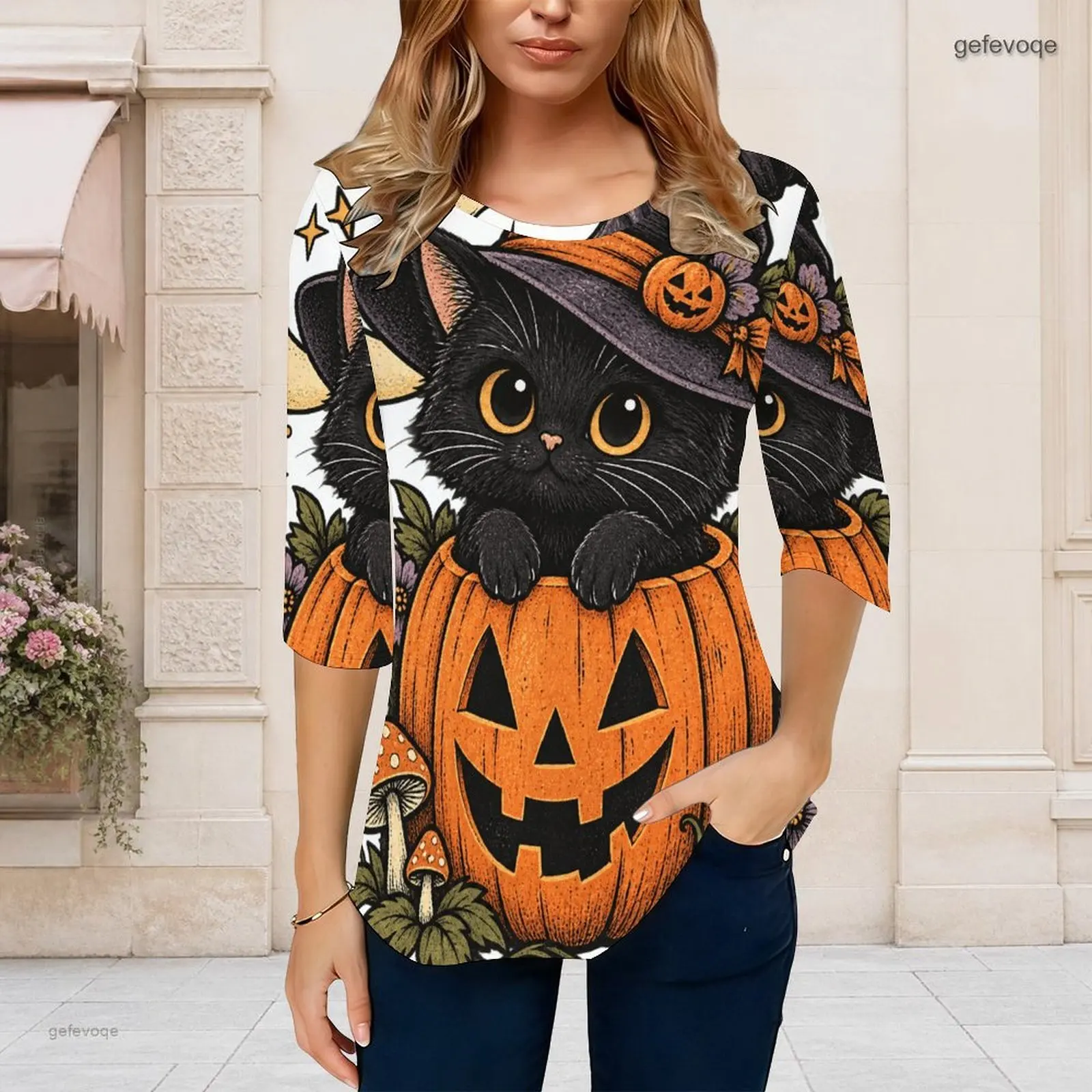 Women Round Neck 3/4 Sleeve Printed Top Cute Ghost Duck Pumpkin Floral Curved Hem Casual Tee