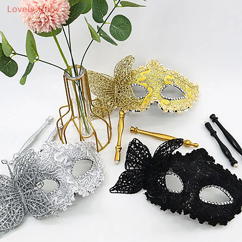 【BBS】Halloween Party Mask With Holding Stick Evening Prom Masquerade Mask Stage Cosplay Props Venetian Half Face Masks For Women