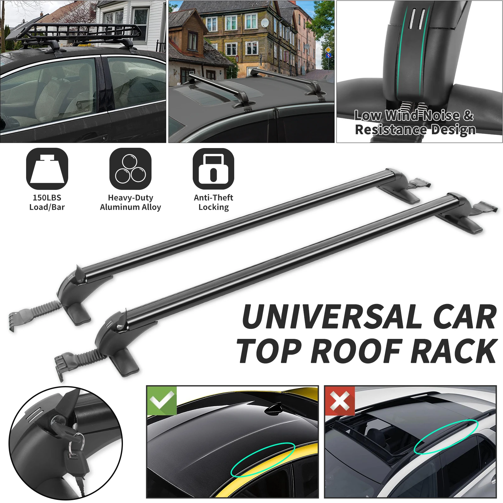 

2pcs Universal Black Aluminum 110-115cm Vehicle Car Roof Mounting Rack Rail Bar Luggage Carrier With Lock Top Car Rack With Keys