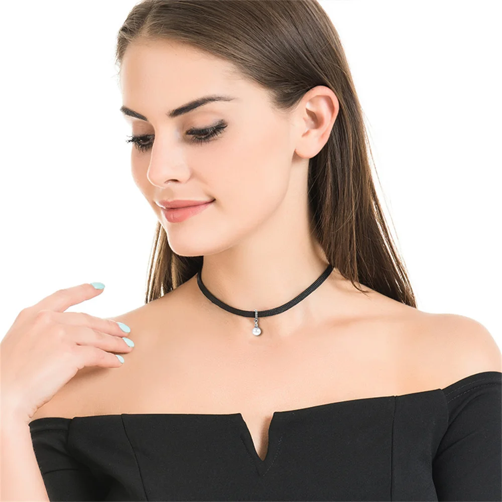 Vintage Pearl Pendant Necklace Black Sexy Simple PU Leather Choker Necklace Neo Goth Jewelry for Women Collar Gift