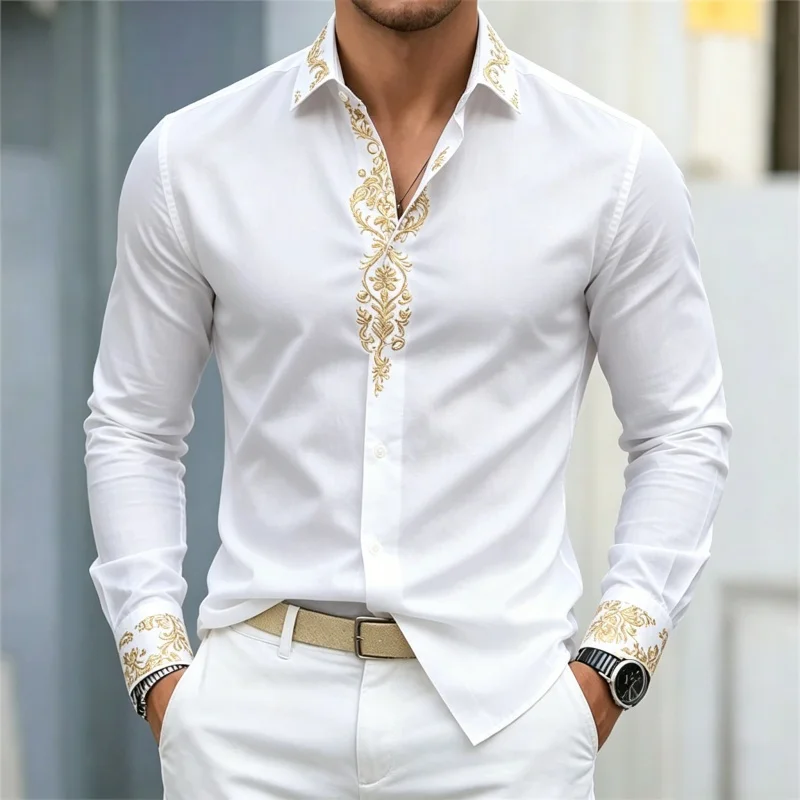 Men's Shirt Long Sleeve Golden Floral Embroidery Style Print Turn Down Collar Casual Streetwear Autumn Fashion Top Men Clothes