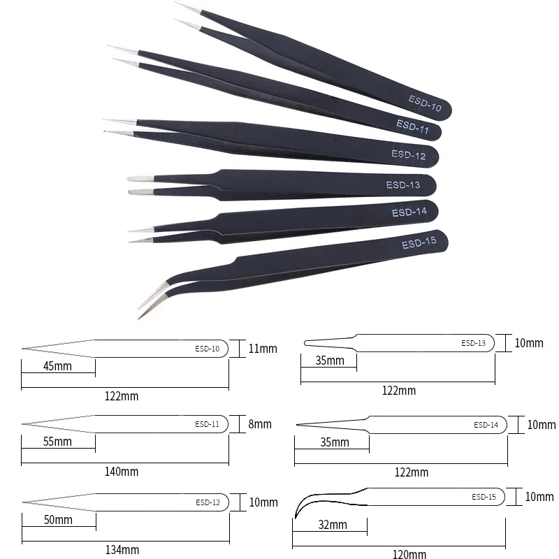 6PCS Precision Tweezers Set ESD Anti-Static Stainless Steel Tweezers Repair Tools  for Electronics Repair Soldering Craft