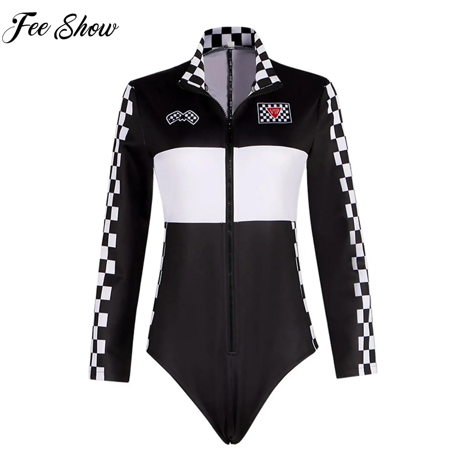 

Женская одежда для гонщиц: комбинезон-боди с длинными рукавами, молнией, цветными блоками и клетчатым узором для Хэллоуина, карнавала, косплея, вечеринок и клубов
