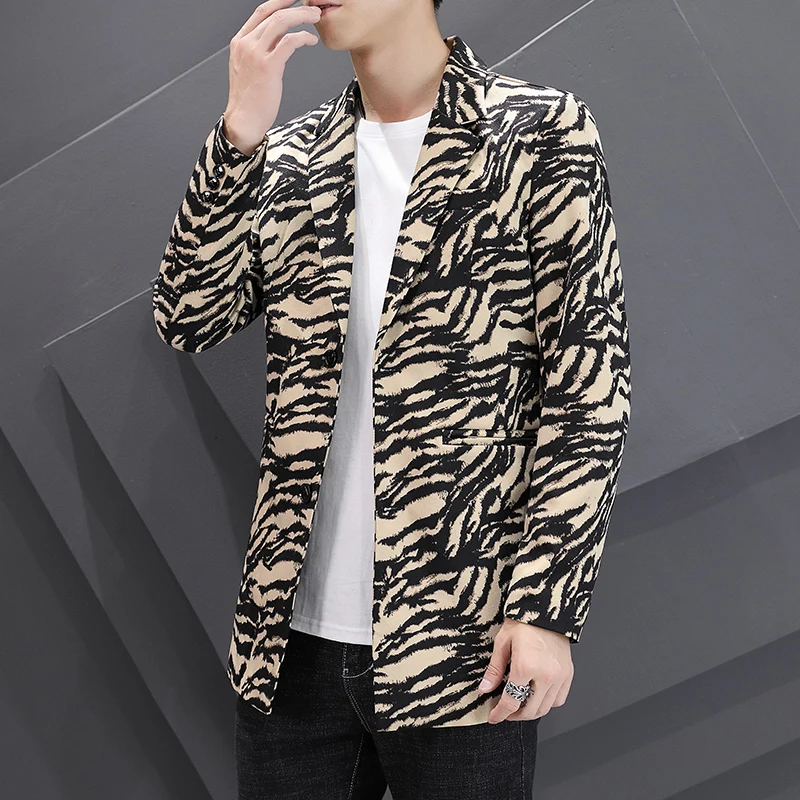 

Four seasons new medium length leopard print suit jacket young men fashion gentleman handsome business dress jacket