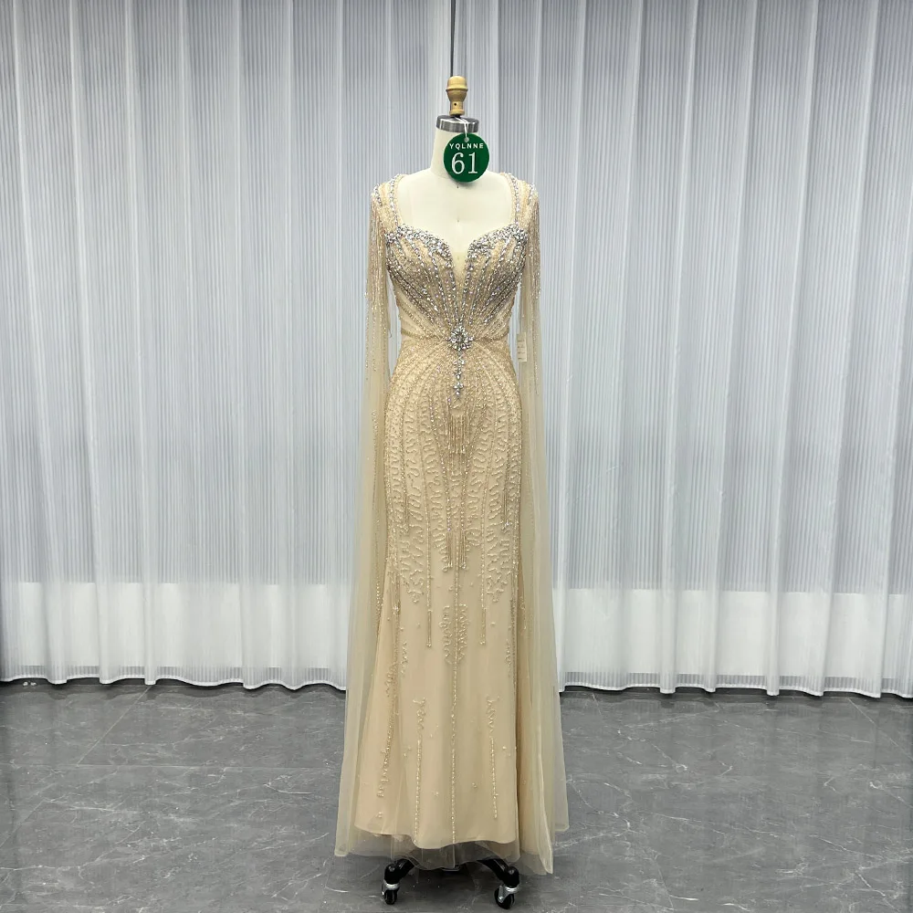 

YQLNNE 061 Вечерние платья цвета шампанского с накидкой на рукавах Вечернее женское платье