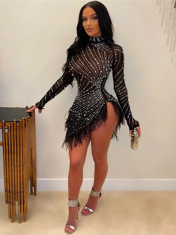 HBLL Sexy Pearls Rhinestone Party Dresses Women Elegant Nightclub Feather  Birthday Dress Long Sleeve Mesh Sheer Bodycon Dress - AliExpress 200000345