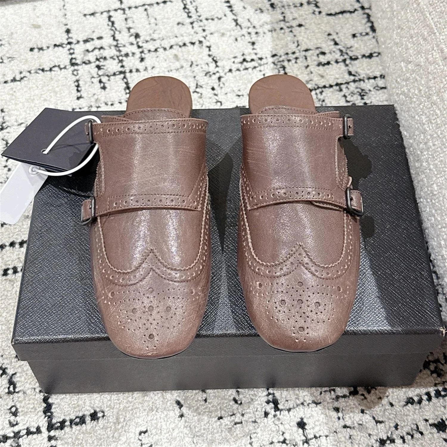 British Style Genuine Leather Round-Toe Buckle-Strap Woman Slippers Mules Slides Oxfords Exclusive Lazy Loafers Sapato Feminino