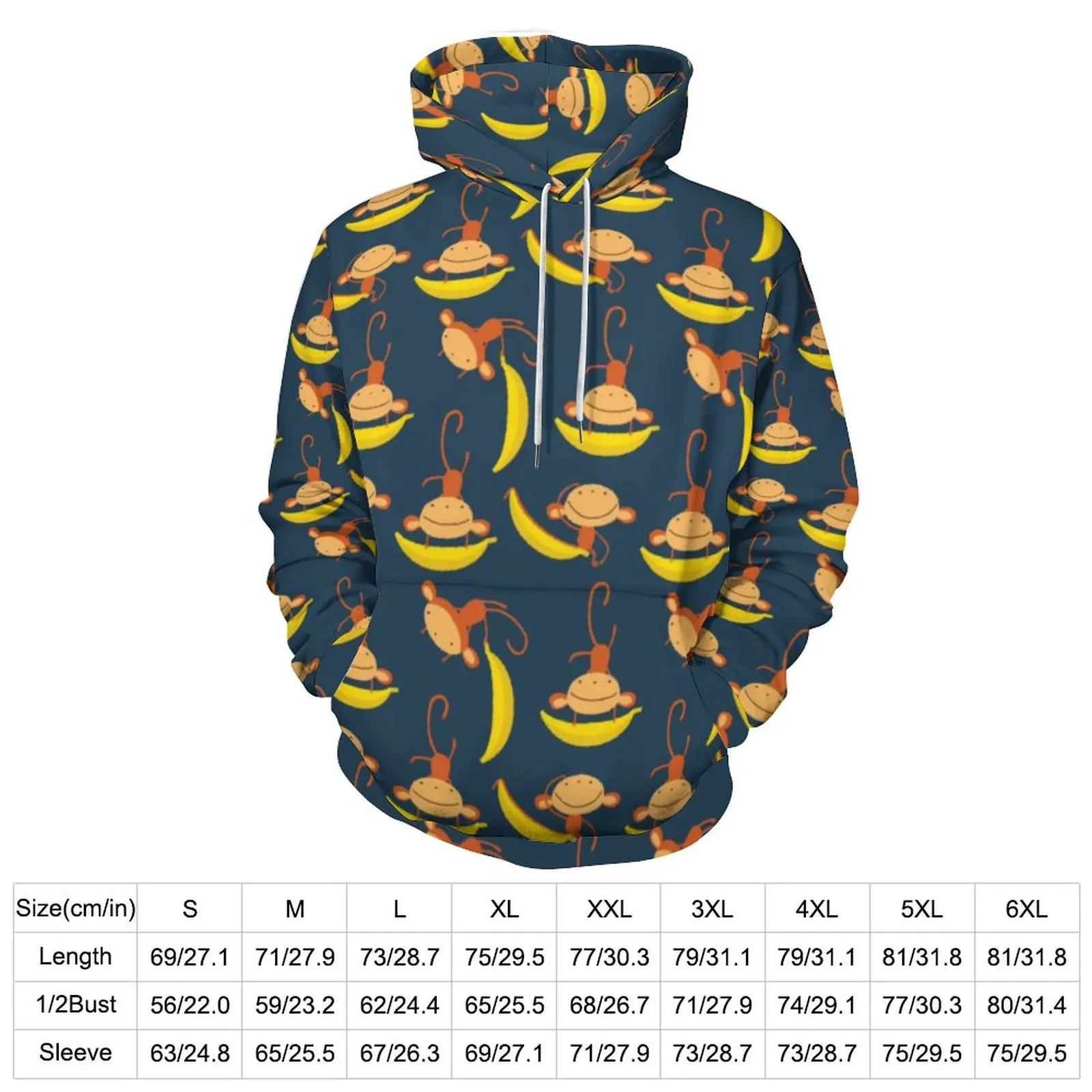 Monkey Print Loose Hoodies Yellow Banana Elegant Pullover Hoodie Men Long Sleeve Oversize Classic Pattern Sweatshirts