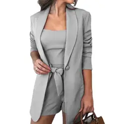 3Pcs/Set Women Suit Blazer Office Lady Outfit Pockets Solid Color Summer Coat Shorts Vest Set Loose Jacket Business Dress Suit