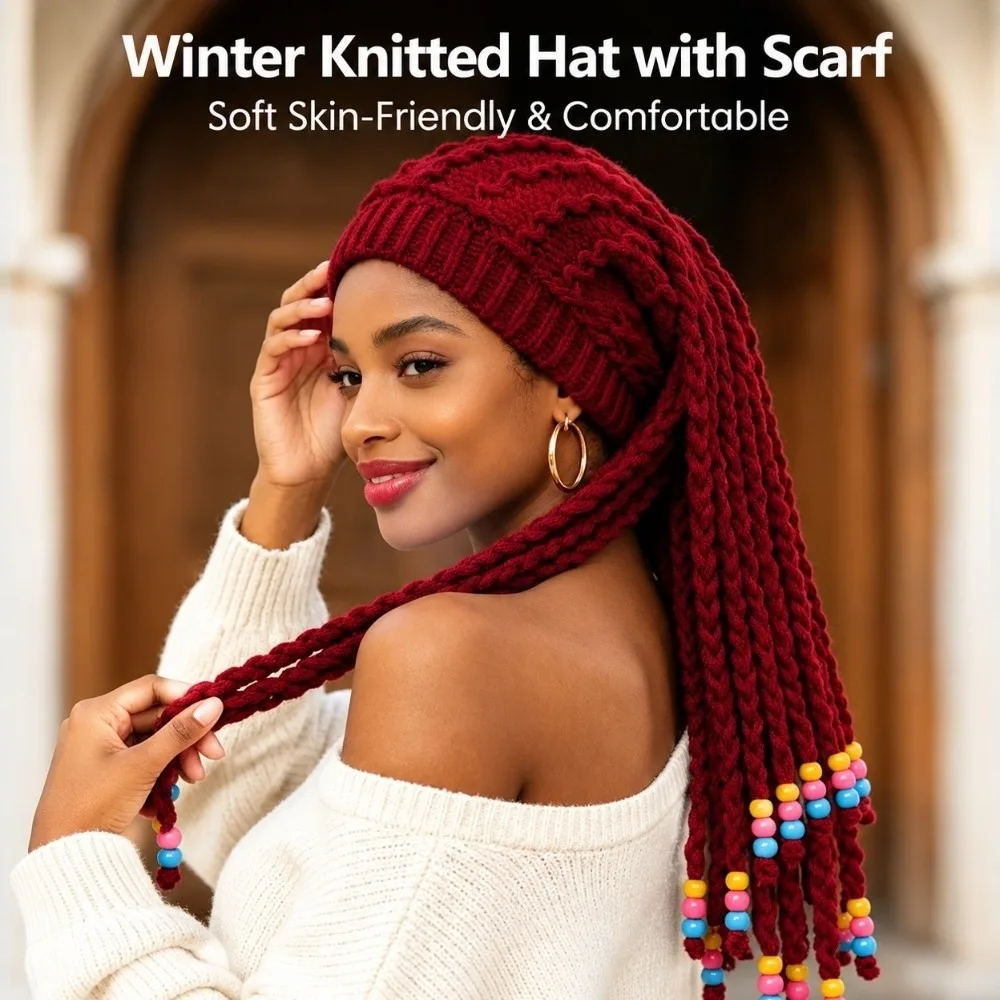 Knitted Dreadlock Beanie Color Bead Decor Integrated Braid Braided Wig Hat Stretchy Faux Braid Wig Beanie Autumn Winter Wear
