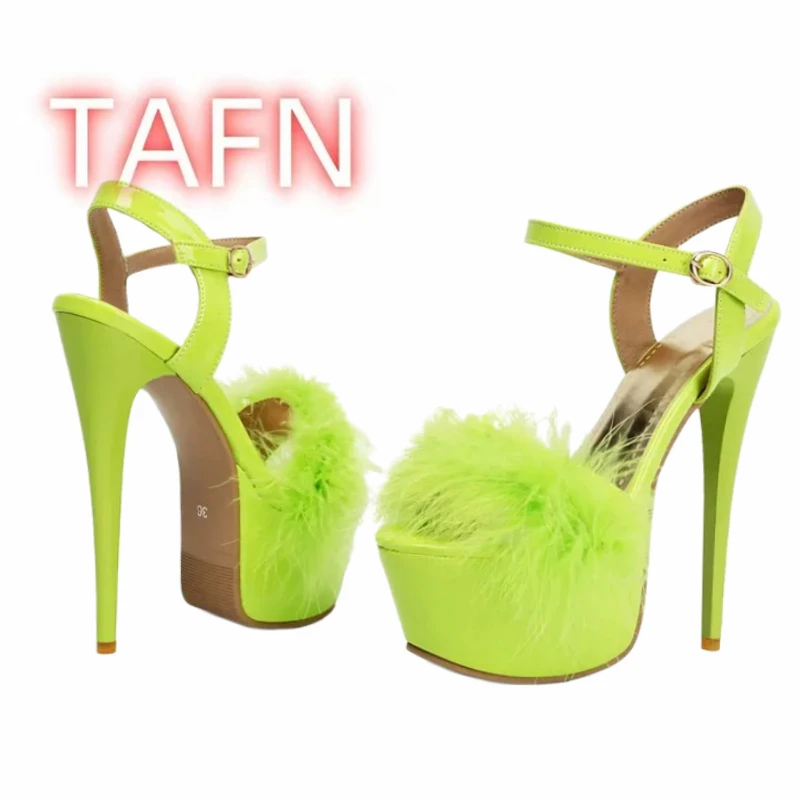 Women'S Open Toe Fluffy Sandals Ankle Strap Platform Stiletto High Heel Sandals Sexy Dance Party Wedding Shoes Large Size 46