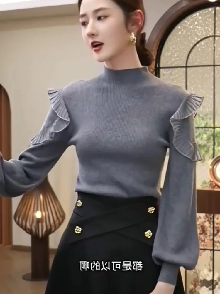 

Design Half High Collar Knitted Top Comfortable Slim Fit Splice Comfortable Lace Base Shirt Korean Style Commute