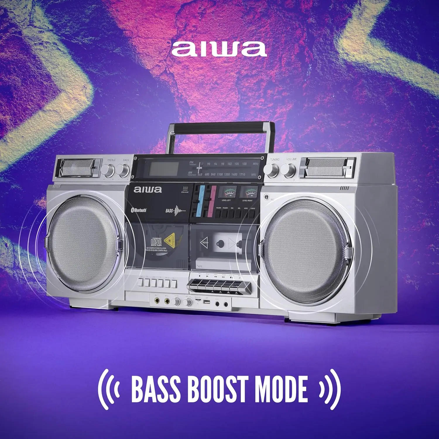 Retro CD Boombox with Cassette Recorder, Bluetooth 5.0, AM/FM Radio, USB/SD/AUX Inputs, VU Meters, LCD Display, Dual 40W Speakers - Silver 5