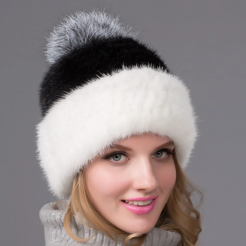 

Mink Fur Real Fur Woven Hat for Women Fox Fur Knitted Hat Thickened Mink Ear Protection Hat