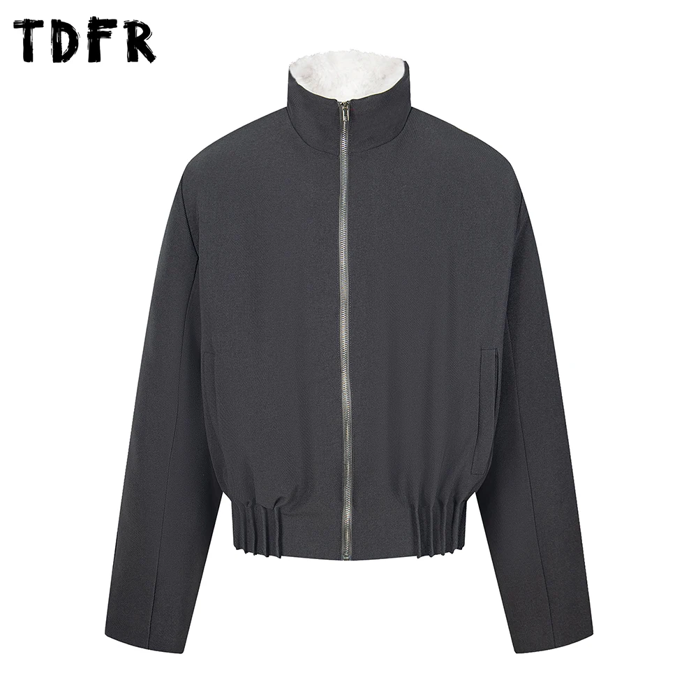 Jaqueta acolchoada de carga de cor sólida masculina bainha plissada inverno retro casual gola manga longa grosso outerwear homem