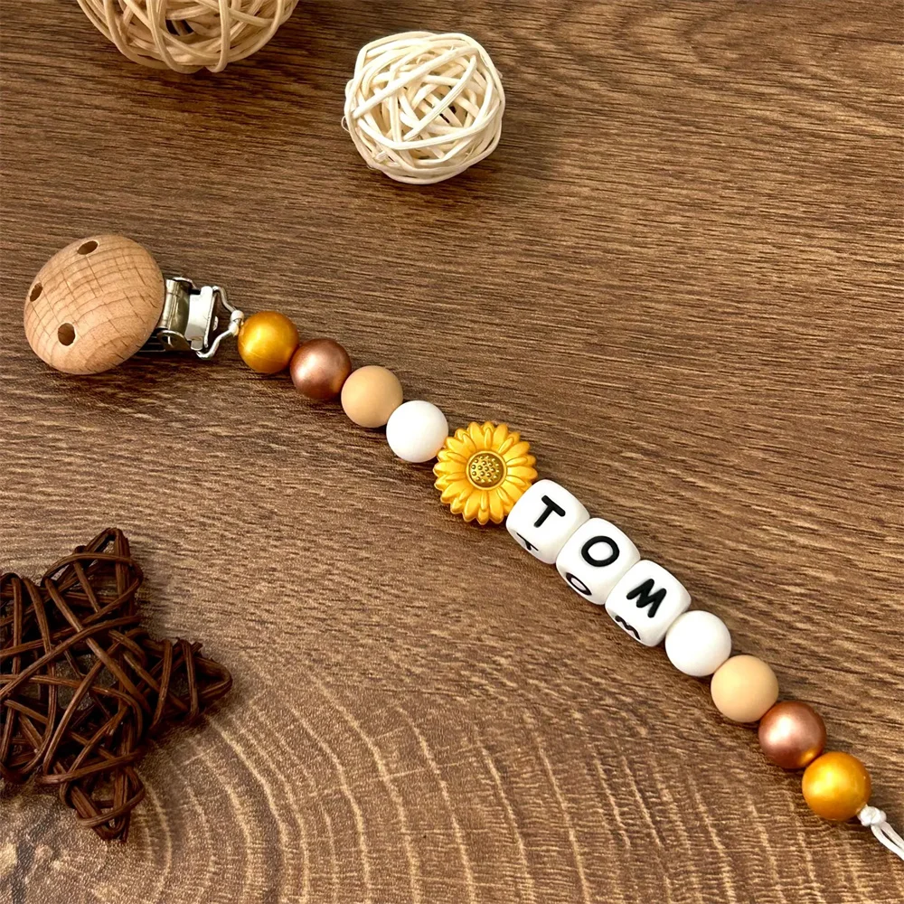 Personalized Silicone Bead Pacifier Clips with Wooden Clips & Daisy Charms Customizable Names for Babies
