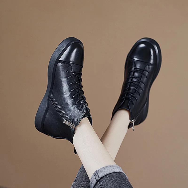 DRKANOL 2025 Fashion Women Flat Ankle Boots 100% Cow Genuine Leather Round Toe Autumn Winter Warm Casual Short Boots Black Brown - view 5