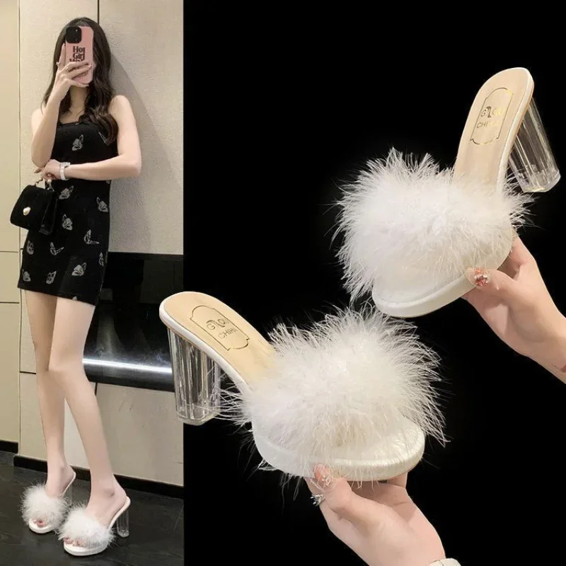 Fluffy Shoes Women\'s Slippers and Ladies Sandals Job Slides Heeled Sexy Furry Transparent Outside Open Toe Unique Easy Wears B Y