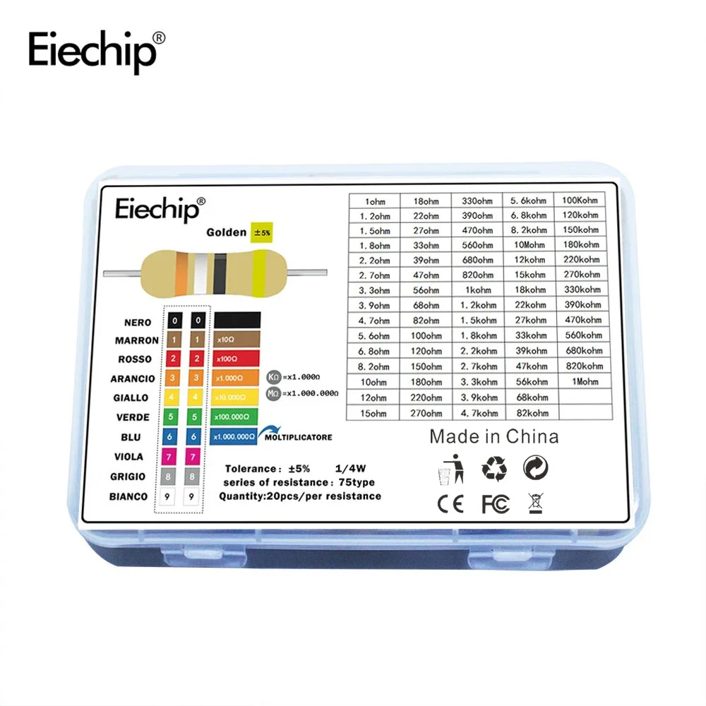 Carbon Film Resistor Variedade Kit, 1/4 de Potência, 1 Ohm-10M Ohm, Resistência 5%, Resistor eletrônico Set Pack, 75 Valores, 1500Pcs por lote