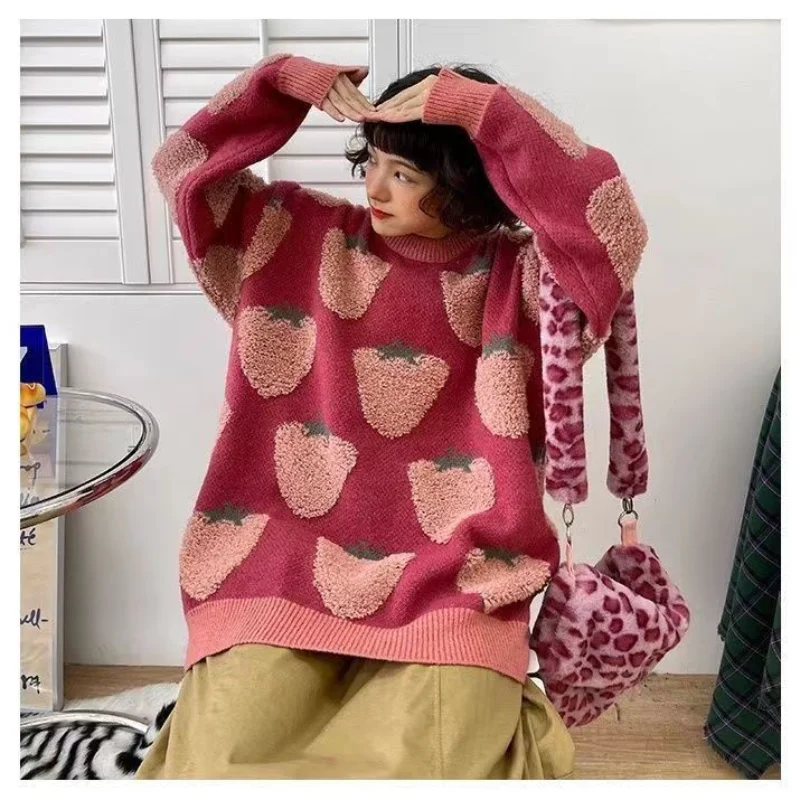 Deeptown Japanese Kawaii Pink Sweater Women Harajuku Fashion Knitted Jumper Korean Style Knitwear Strawberry Oversized Pullover