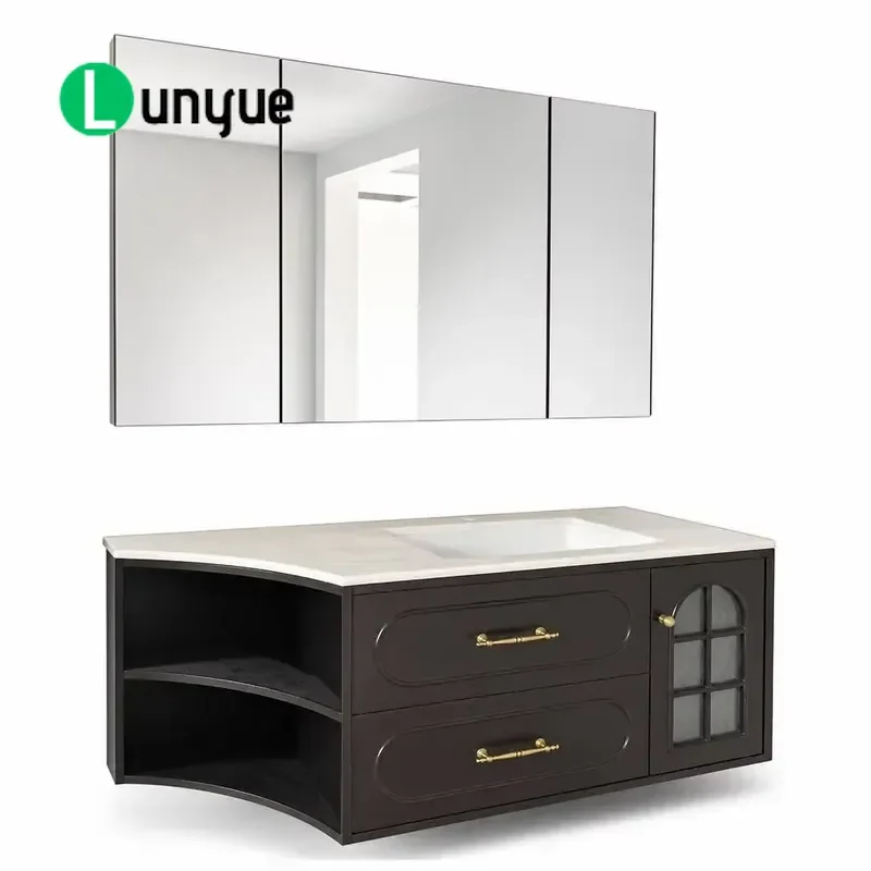 Modern Wall Mounted Marble Vanity Set Dark Brown Cabinet Gold Handle Drawer LED Backlit Mirror Bathroom Furniture Storage