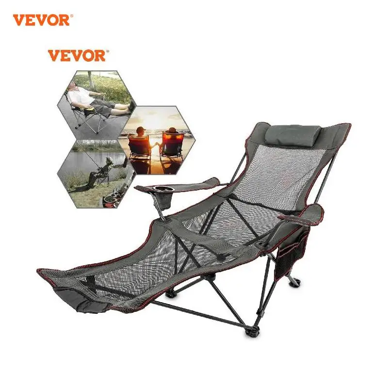 VEVOR Chaise de Camping Pliante Inclinable Pliable, Gris en Tissu et Maille Oxford 600D Camping Chaise Porte-Gobelet, 18 x 18 x 89 cm Fauteuil de Pêche, pour Excursions en Voiture, la Pêche ou Sieste