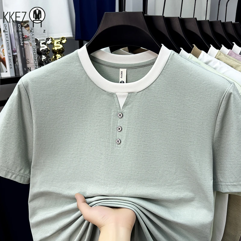 Men Henley Neck Short Sleeve T Shirt With Contrast Trim And Buttons Slim Fit Tops For Modern Gentlemen