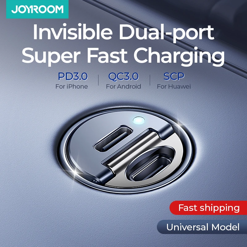 Joyroom 30W Pull Ring Car Charger Type-C USB Dual Ports Fast Charging Mini Car Phone Charger Adapter Car Accessories PD QC