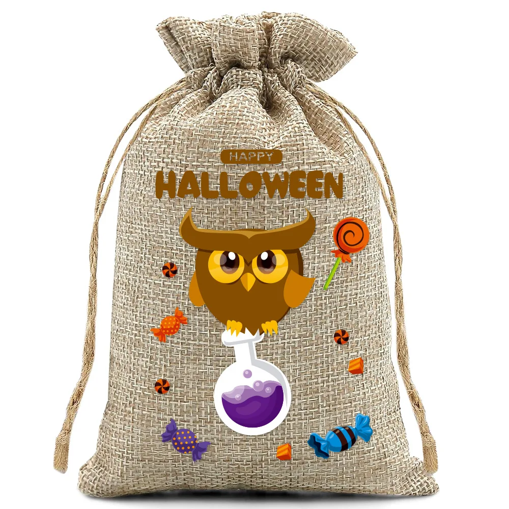 50Pcs/lot 10*15cm Pumpkin Ghost Skull Printed Drawstring Linen Pouches Halloween Children's Party Gifts Storage Bags