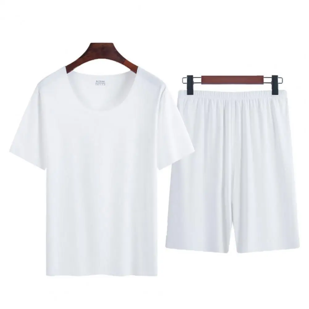 2 Pcs/Set Men Summer Pajamas Comfortable Short Sleeve Round Neck Solid Color Loose Sportswear Thin Men Top Shorts Set