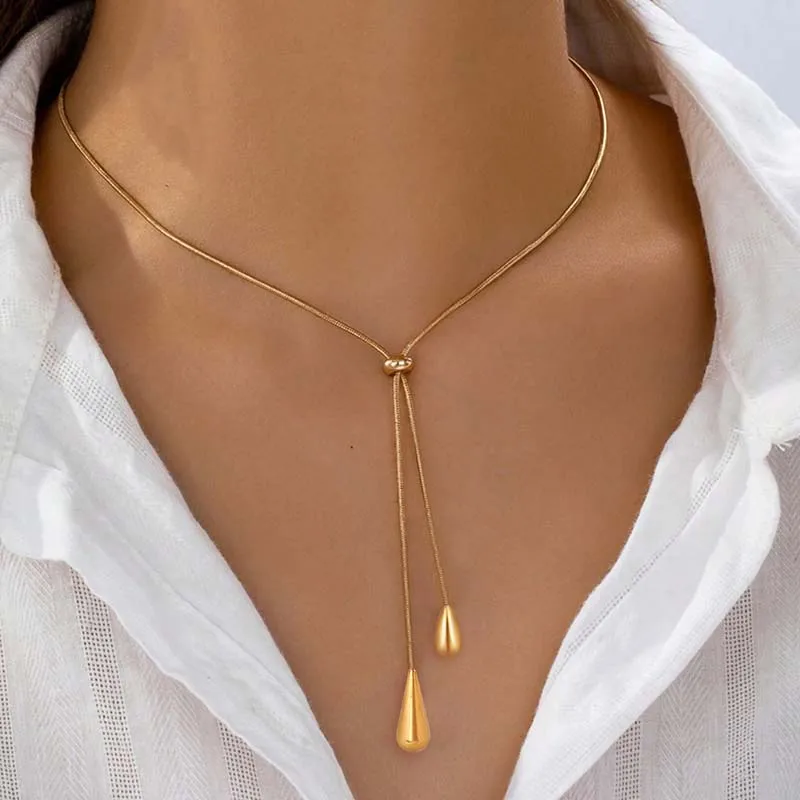 Stainless Steel Pull Adjustable Water Drop Shape Tassel Charm Necklace Fashion Personality High-Grade Jewelry Gifts