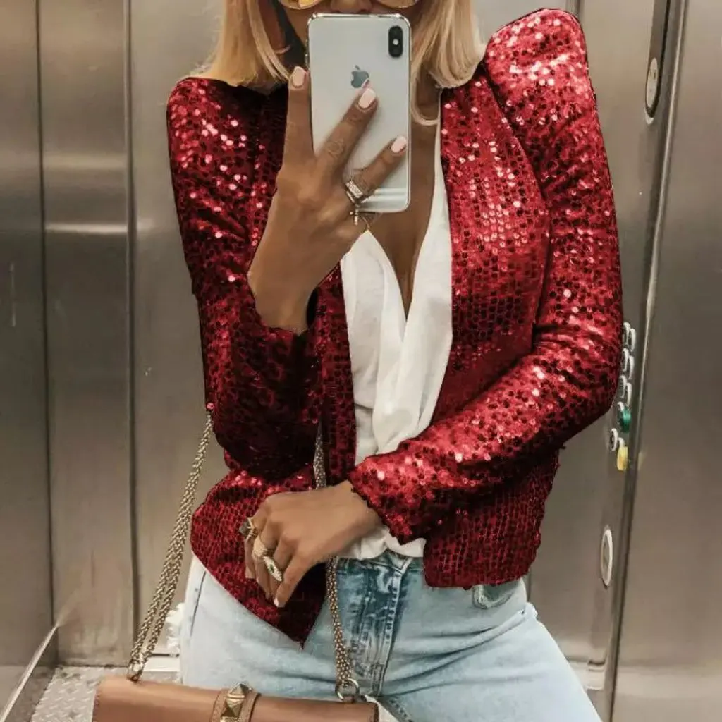 

Spring Women's Fashion Sequin Jacket Short Casual Color Matched Collar All-match Small European And American Style