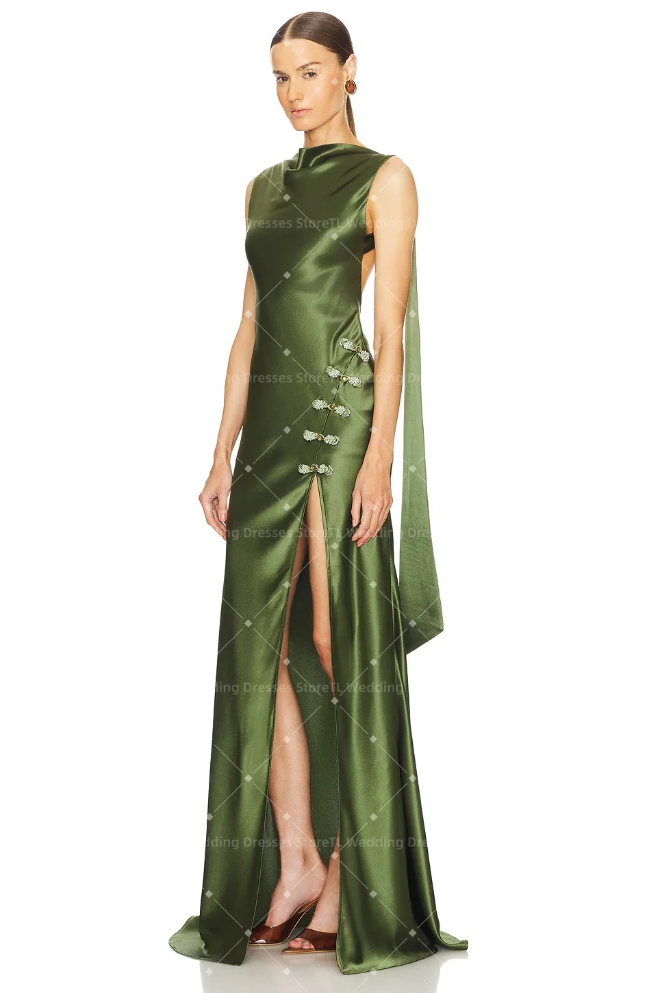 TL Green Satin Evening Dresses Wedding A Line Embroidery Luxury Party Dress Side Slipt Elegant Sexy Prom Gowns Sage Customized view 2