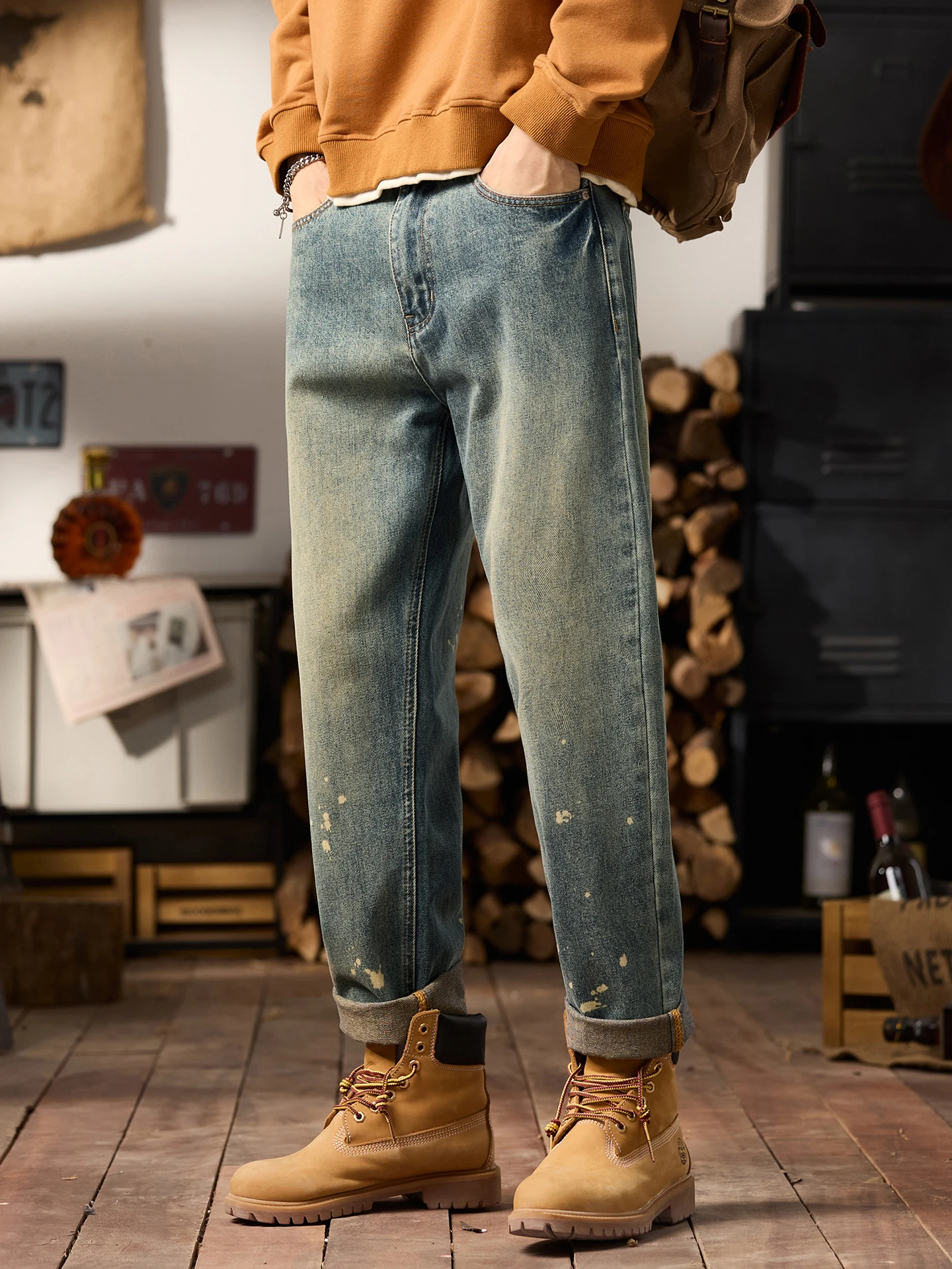 Джинсы из джинсовой ткани в стиле ретро в американском стиле, мужские осенние зауженные прямые брюки Харлан, повседневные удобные хлопковые полиэстеровые джинсы