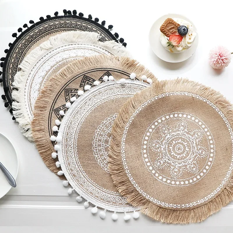 

Weaving Coasters Nordic Dining Mats, Diameter 38cm Cotton Linen Table Insulation Mats, Shooting Props, Home Hemp Decorative Pads