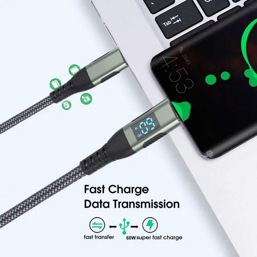 High Quality Type C To Type C Cable PD 60W Fast Charging Charger Wire LED Display for Xiaomi Samsung Laptop USB C Cord 1M 2M 3M