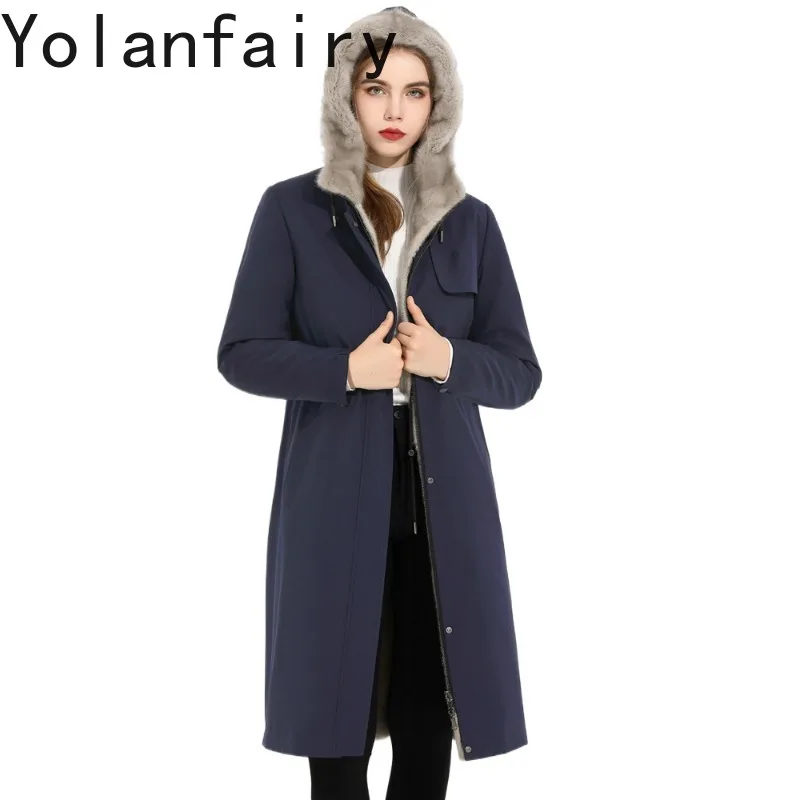 YOLANFAIRY Reversible Women's Full Pelt Mink Fur Parka Luxury 100% Natural Mink Fur Liner Jacket Woman Detachable Winter Coat