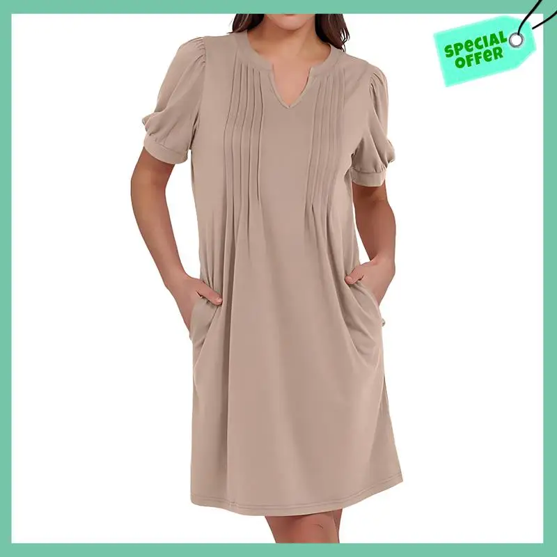

Sturdy Women's Summer Puff Short Sleeve Casual V Neck Mini Dresses 2025 Spring Pleated T-Shirt Tunic Beach Short Dress