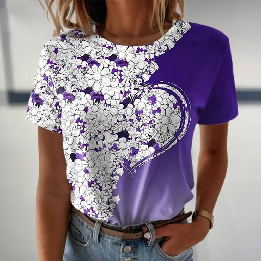 Crew Neck Short Sleeve Girls T-shirt Shink Resistant Floral Heart Print Lady Top Streetwear