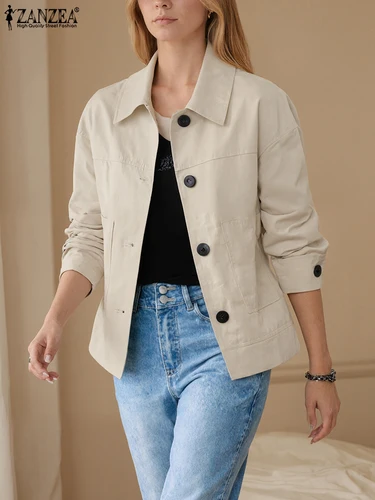 Imagen 1 del producto ZANZEA, chaquetas ligeras de otoño 2025 para mujer, abrigos informales con cuello vuelto y botones, moda para ir al trabajo, prendas de vestir exteriores de Color sólido