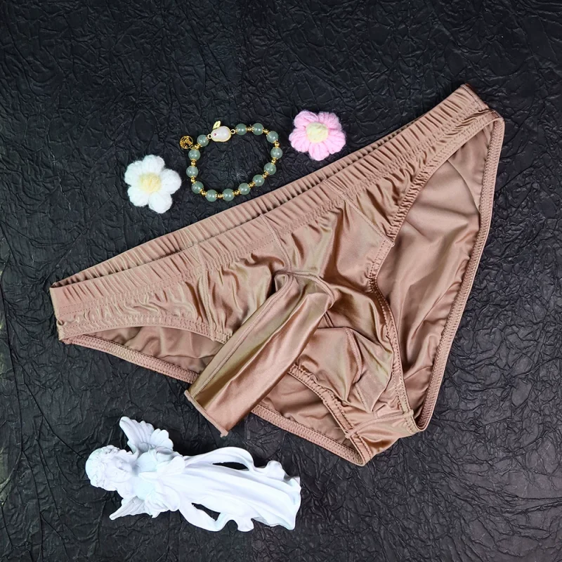 Men Sexy Glossy Ice Silk Satin Triangle Briefs, Low Waist Tight Pack Hip Underpants, Silky Smooth Open Design Daily Wear Panties view 3
